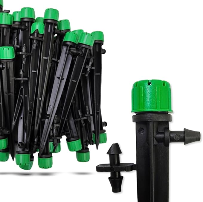 (100-PACK) - 1/4" Inch 360 Degree Drip Emitter On 6" Stake Sprayer Adjustable Flow 0-20 GPH, Fits 1/4 (4-6mm) Irrigation Tubing - Micro Bubbler Drippers for Drip Irrigation (50 Pack Dripper on Stake)