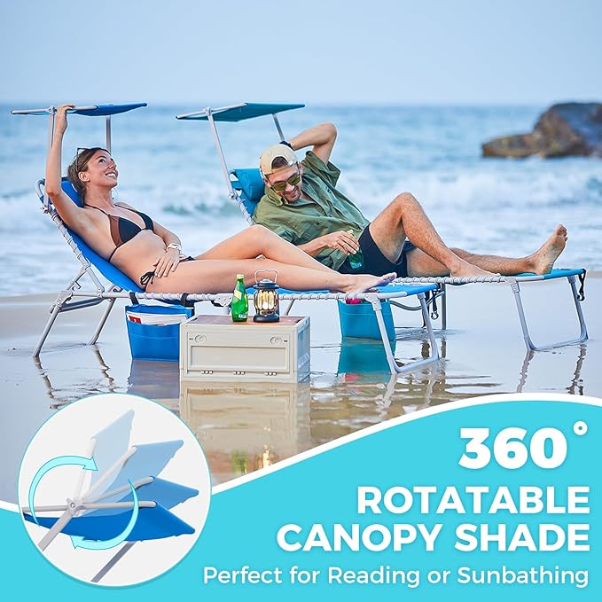 #WEJOY Folding Lounge Chair with Canopy Shade, Portable Adjustable 5-Position Patio Chaise Lounger with Pillow & Storage Pocket for Lay Flat Outdoor Lawn Backyard Beach Camping Pool Tanning (Blue)