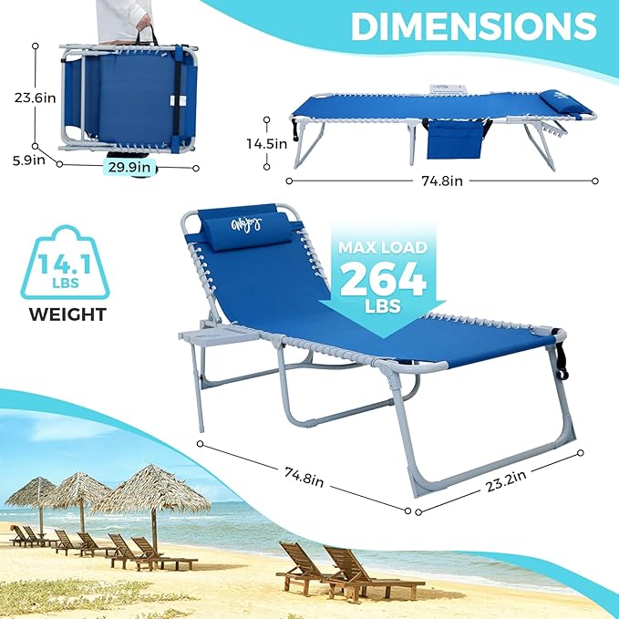 #WEJOY 2 PCS Lounge with Side Table for Outdoor 5-Position Adjustable Recliner Chair for Beach Sunbathing Patio Pool Lawn Lay Flat Portable Camp Reclining Chair with Shoulder Strap Side Pocket