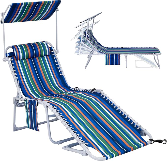 #WEJOY Folding Lounge Chair with Canopy Shade, Portable Adjustable 5-Position Patio Chaise Lounger with Pillow & Storage Pocket for Lay Flat Outdoor Lawn Backyard Beach Camping Pool Tanning