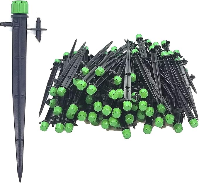 (100-PACK) - 1/4" Inch Universal 360* Degree Drip Emitter On 5" Stake - Adjustable Flow 0-18.5 GPH Fit 1/4 (4-7mm) Drip Irrigation Tubing - Professional Grade Drippers for Drip Irrigation