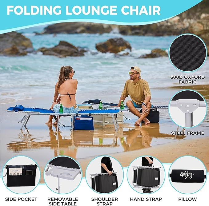 #WEJOY 2 Pack Outdoor Chaise Lounge Chair - Portable Folding Patio Pool Lounge Chair, 5 Positions Adjustable Reclining Camping Chair with Side Table,Shoulder Strap, Pillow for Beach Sunbathing Lawn
