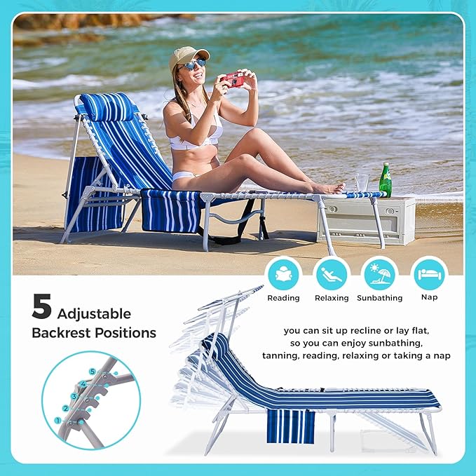 #WEJOY Folding Lounge Chair with Canopy Shade, Portable Adjustable 5-Position Patio Chaise Lounger with Pillow & Pouch for Lay Flat Outdoor Lawn Backyard Beach Camping Pool Tanning (Blue White)