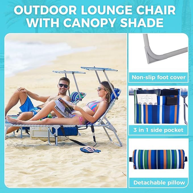 #WEJOY Folding Lounge Chair with Canopy Shade, Portable Adjustable 5-Position Patio Chaise Lounger with Pillow & Storage Pocket for Lay Flat Outdoor Lawn Backyard Beach Camping Pool Tanning